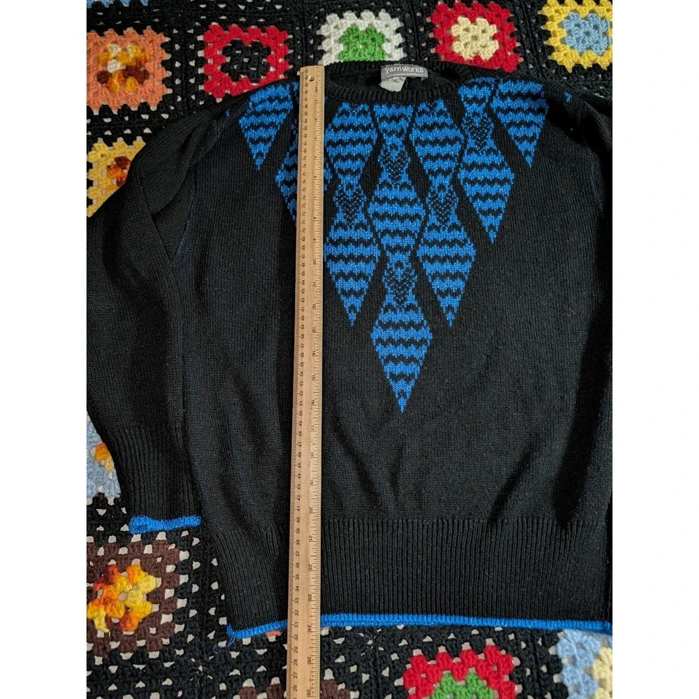 YarnWorks Sweater Blue Black Diamond Glitter Crewneck‎ Pullover Women's Large